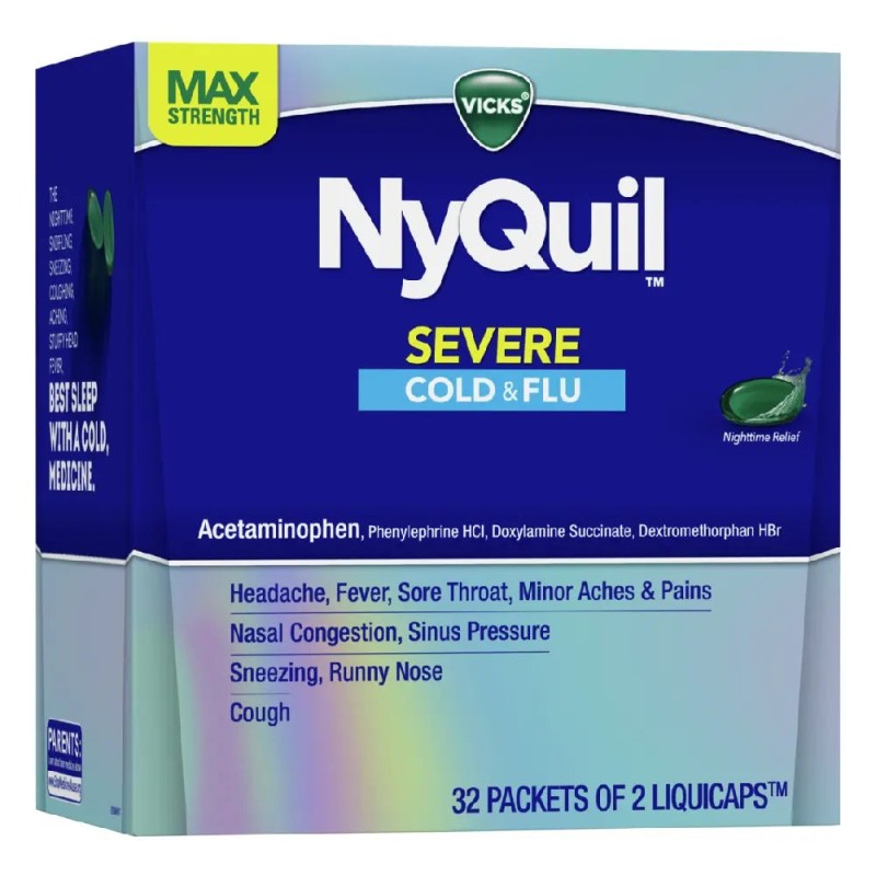 NYQUIL SEVRE COLD FLU 32PACK OF 2 CAP NYQUIL SEVRE COLD FLU 32PACK OF 2 CAP
