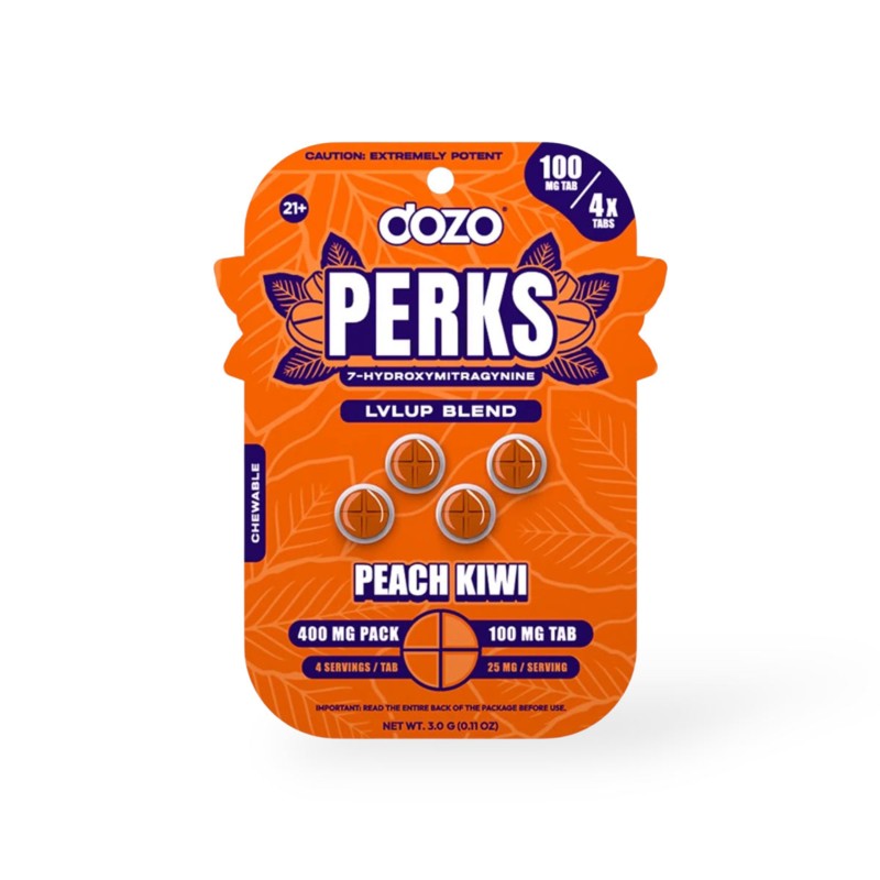 DOZO PERKS 10PK OF 4 TAB 100MG 5PK PEACH KIWI LVLUP DOZO PERKS 10PK OF 4 TAB 100MG 5PK PEACH KIWI LVLUP