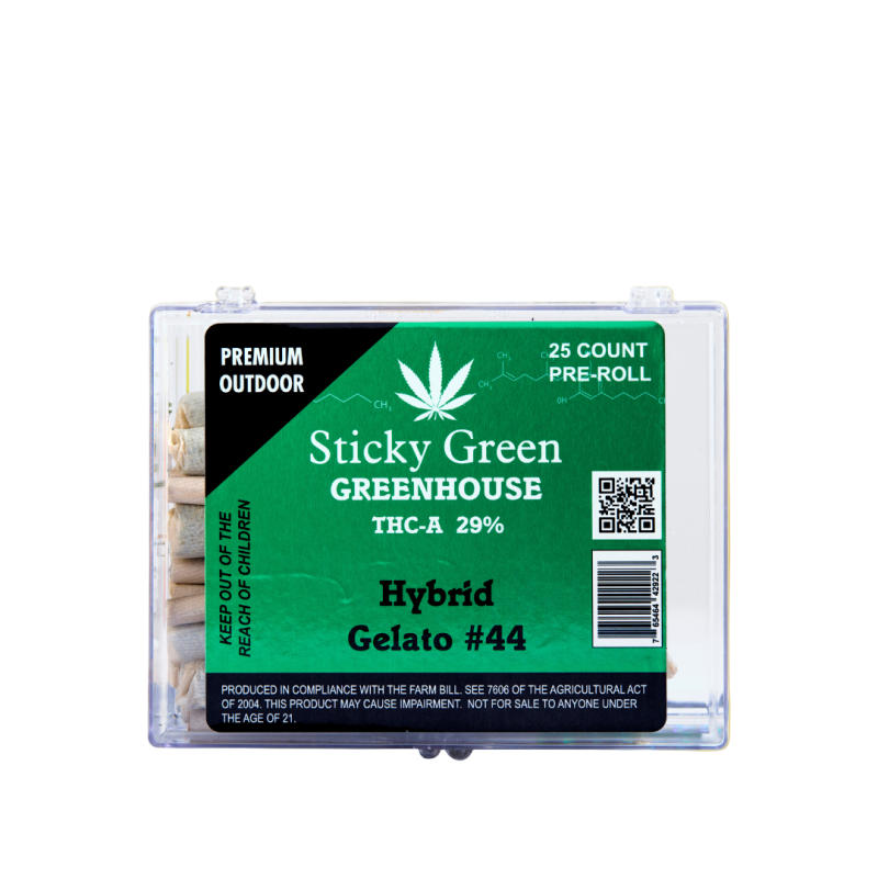 STICKY GREEN 25CT THC-A GREEN HOUSE PREROLL HYBRID GELATO #44 TUBED STICKY GREEN 25CT THC-A GREEN HOUSE PREROLL HYBRID GELATO #44 TUBED